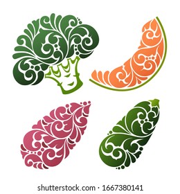 Ornamental decorative vegetable symbol icons set. Emblem broccoli, melon, zucchini, sweet potato color vector illustration isolated on white background