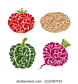 Ornamental decorative vegetables symbol icons set. Emblem paprika, tomato, pepper, potato, beet color vector illustration isolated on white background