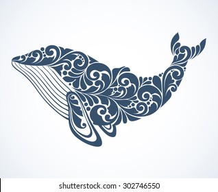 Ornamental decorative whale Patterned silhouette whale Vector abstract animal illustration can be used as design for tattoo, t-shirt, bag, poster, postcard