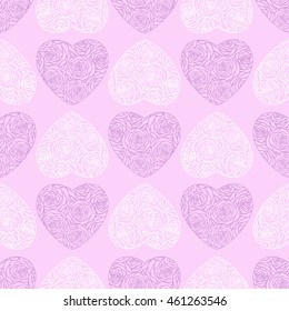 Ornamental delicate pink hearts and roses seamless pattern. It can be used for cards, postcards, wedding invitation, wrapping paper, textile design, wallpaper.