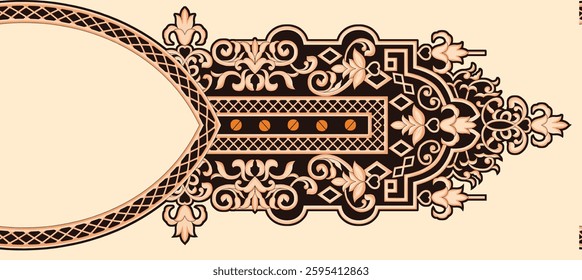 An ornamental design element featuring a symmetrical pattern with floral and geometric motifs, for textile, wallpaper, gift wrapping, print