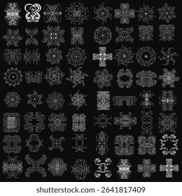 Ornamental design elements arranged in an intricate set, featuring detailed patterns and varied shapes. The black background enhances the striking contrast, highlighting the elegant and artistic.
