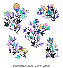 Zierdesign-Elemente mit stylisierten, orangefarbenen Blumenästen und Fantasy-Vögeln. Vektorgrafik