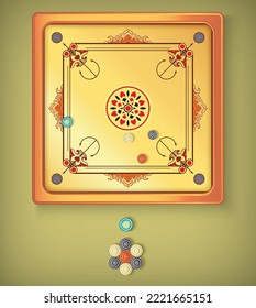 Ornamental design of flat view of Carrom board and coins isolated background in vector illustration