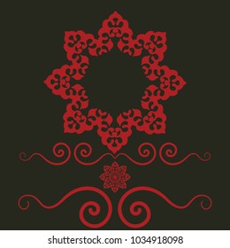 Ornamental design: intricate mandala pattern features striking star-like shape with floral motifs in bold red against rich black background, radiating vibrant aesthetic for various applications. Central motif comprises eight symmetrical petals adorned with delicate curves and ornate patterns, creating harmonious balance and sophisticated appeal. Elegant swirling lines surround star element, adding flowing dynamic quality that enhances visual composition with captivating energy. Smaller floral element at base complements larger star above, while red coloration symbolizes passion against dramatic contrasting backdrop that emphasizes detailed craftsmanship. This artwork conveys elegance through structural symmetry, suitable for event invitations, textiles, branding materials, and modern art prints. Contemporary ornamental artistry appeals to audiences interested in traditional decorative elements with vibrant aesthetic sensibility, incorporating symbolic motifs that suggest ceremonial significance. Flowing lines and intricate detailing create mesmerizing visual experience that works across multiple design applications from logos to interior décors.