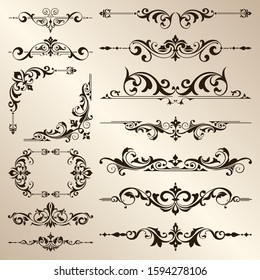 Ornamental design lace borders and corners Vector set art deco floral ornaments elements
