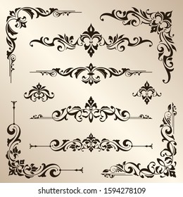 Ornamental design lace borders and corners Vector set art deco floral ornaments elements
