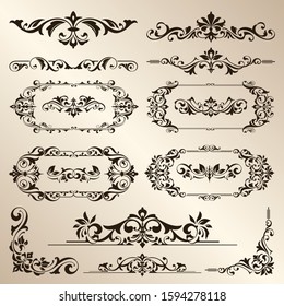 Ornamental design lace borders and corners Vector set art deco floral ornaments elements
