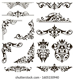 Ornamental design lace borders and corners Vector set art deco floral ornaments elements
