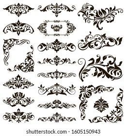 Ornamental design lace borders and corners Vector set art deco floral ornaments elements
