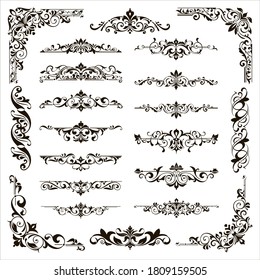 Ornamental design lace borders and corners Vector set art deco floral ornaments elements
