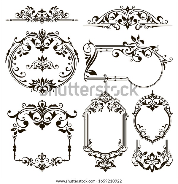 Ornamental design lace borders and\
corners Vector set art deco floral ornaments\
elements\
