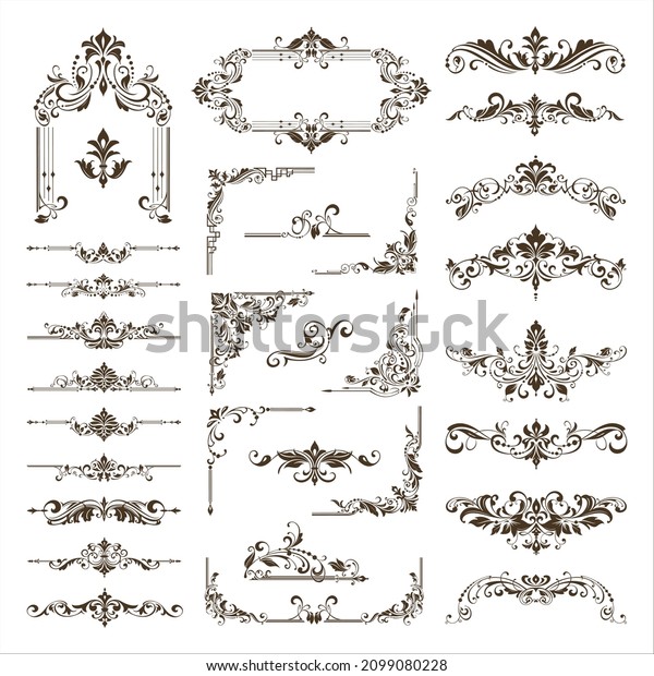 Ornamental design lace borders and\
corners Vector set art deco floral ornaments\
elements