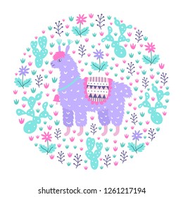 Ornamental design pattern. Cute hand drawn lama on the floral cactus background. Animalistic childish print for textile, paper, kids clothes and bed linen. EPS 10 vector colorful illustration