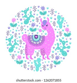 Ornamental design pattern. Cute hand drawn lama on the floral cactus background. Animalistic childish print for textile, paper, kids clothes and bed linen. EPS 10 vector colorful illustration