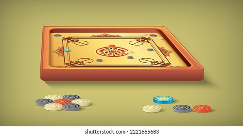 Ornamental design of perspective view of Carrom board and coins isolated background in vector illustration