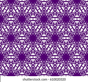 Ornamental design with triangle, square geometric shape. floral style. Modern seamless geometry pattern. Vector illustration. For interior design, printing, web and textile design. purple, white color