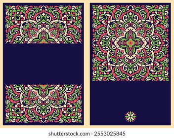 El diseño ornamental con colores variados con motivos tradicionales hace que el diseño se vea vintage y da la impresión del pasado. adecuado para tarjetas de invitación, Fondos de pantalla e ideas para el diseño de patrones.