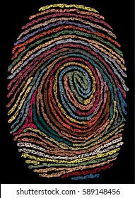 Ornamental, detailed finger print patterm, brush marker lines, colored, on black base
