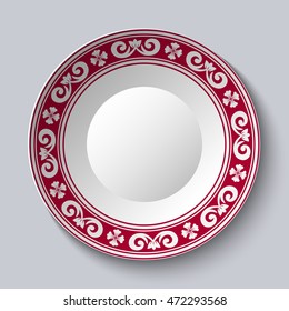 Ornamental dish with red pattern in the style of ethnic porcelain painting. Empty Space for text in the center. Vector illustration.