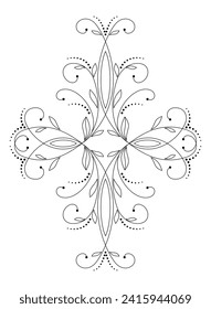 Ornamental disign element on white background. Black mandala vector illustration. Element of curls and leaves. Floral Indian ornaments for print. Ethnic monochrome tattoo. Wedding card design.