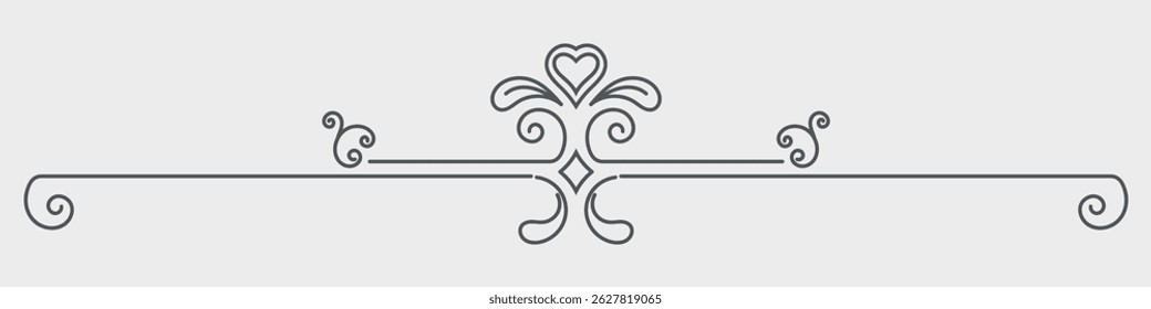 Ornamental Divider Line with Heart and Swirls Elegant Vector Decoration