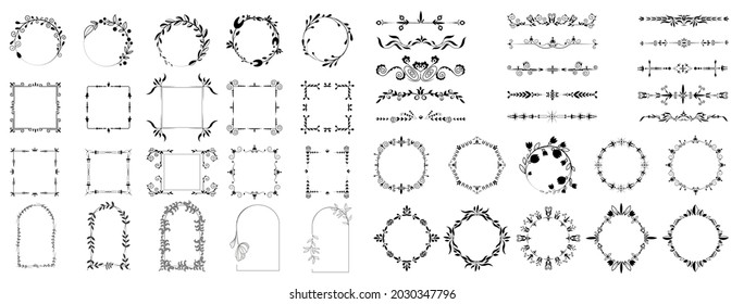 Ornamental dividers and floral borders set. Retro frame, or arch for a picture, diploma or certificate vignette ornate and royal wedding invitation card decor. Vector illustration