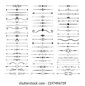Ornamental dividers and floral borders set. Vintage brocades with curly geometric ornaments, graphic separator with flowers and arrows, frame decoration design element vector	