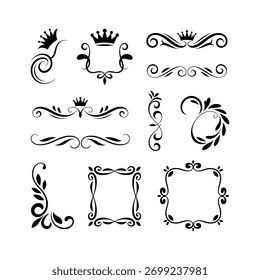 Ornamental dividers and frames vector illustration featuring crowns. Use design element for invitations, cards or logo creation project.