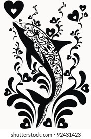 Ornamental dolphins with decorative flourish elements on white background. Vector illustration. Valentines day card design.

