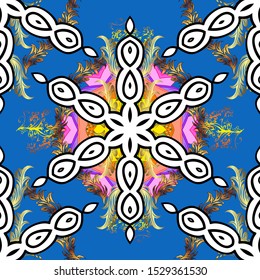Ornamental doodle black, blue and white colors. Vector round mandala in childish style. Vector nature seamless pattern with abstract ornament.