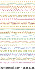 Ornamental doodle border. Seamless ornamental pattern for kids. In the style of children's drawings. Decorative design elements. Ribbons, dividers, borders set. Hand drawn lines collection