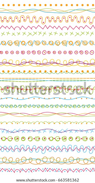 Ornamental doodle border. Seamless ornamental\
pattern for kids. In the style of children\'s drawings. Decorative\
design elements. Ribbons, dividers, borders set. Hand drawn lines\
collection