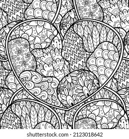 Ornamental doodle heart black and white seamless pattern for coloring book. Love mandala outline background. Creative coloring page for adults and kids. Vector illustration