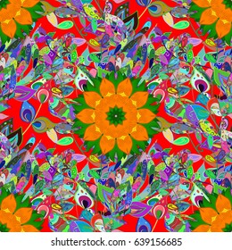 Ornamental doodle red background. Vector nature seamless pattern with abstract ornament. Vector round mandala in childish style.