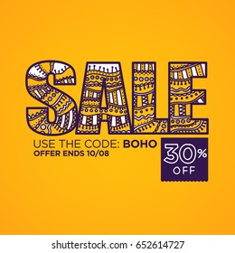 Ornamental Doodle Sale flyer template, banner in Boho style