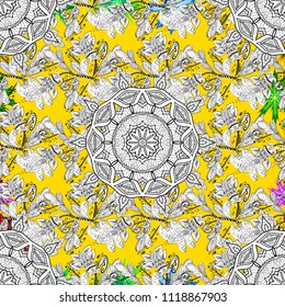 Ornamental doodle white, yellow and black colors. Vector nature seamless pattern with abstract ornament. Vector round mandala in childish style.
