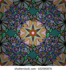 Ornamental doodle yellow background. Vector nature seamless pattern with abstract ornament. Vector round mandala in childish style.