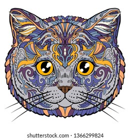 Ornamental doodles cat face. Cute kitten illustration. Animal head of cat, vector sketch for print design.
