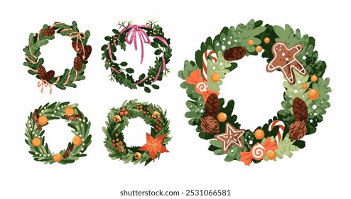 Ornamental door wreaths set. Christmas decor. Circle Xmas elements of pine, spruce branches. Winter holiday decoration of fir tree twigs. Flat vector illustration isolated on white background