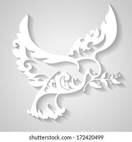 Ornamental dove with olive branch. Symbol of peace. Decorative bird in paper style