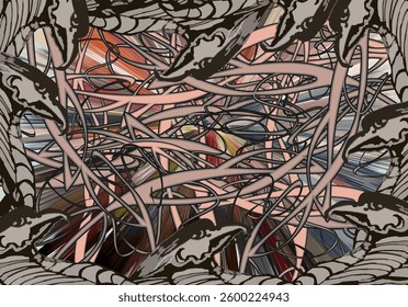 Ornamental eagle and linear backdrop for covers or prints. Chaotic wildlife motifs for business concepts, wallpaper, fashion, interior solutions, tiles, textiles, dynamic posters, fabrics, etc. Vector