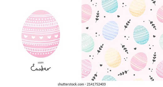 Ornamental Easter egg seamless pattern and card. Spring holiday background