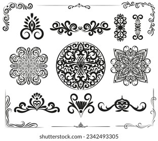 Ornamental elements for design and decoration. Text dividers, border, curly branches, swirly elements, antique decor. Oriental ornaments.