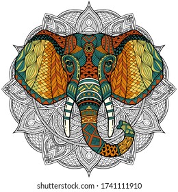 Ornamental elephant head from the front with tusks. Multicolor abstract image of an elephant head with black outline. It may be used for design t-shirt, bag, postcard, poster, banner. Mandala. Vector.