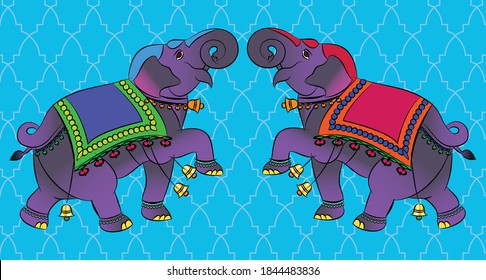 the ornamental elephant in Kalamkari Indian traditional folk art on linen fabrics. It can be used for a coloring book, textile/ fabric prints, phone case, greeting card. logo, calendar