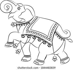 the ornamental elephant in Kalamkari Indian traditional folk art on linen fabrics. It can be used for a coloring book, textile/ fabric prints, phone case, greeting card. logo, calendar