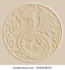 Ornamental emboss 3d chinese dragon gold seamless border pattern background with vintage frame. Zodiac sign, year of the Dragon. Relief embossed grunge vector background. Decorative dragon with wings.