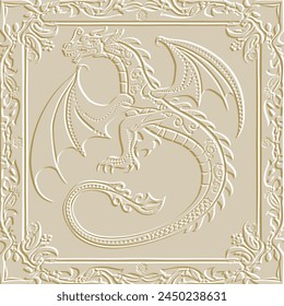 Ornamental emboss 3d chinese dragon gold seamless border pattern background with vintage frame. Zodiac sign, year of the Dragon. Relief embossed grunge vector background. Decorative dragon with wings