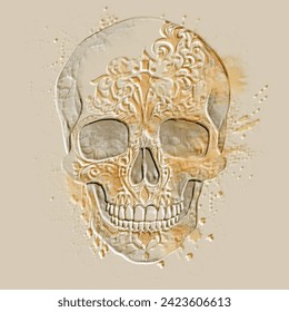 Ornamental emboss 3d textured skull. Drawing patterned embossed skull with floral dirty ornaments. Creative paint skull pattern in tribal ethnic art style. Relief surface texture with embossing effect